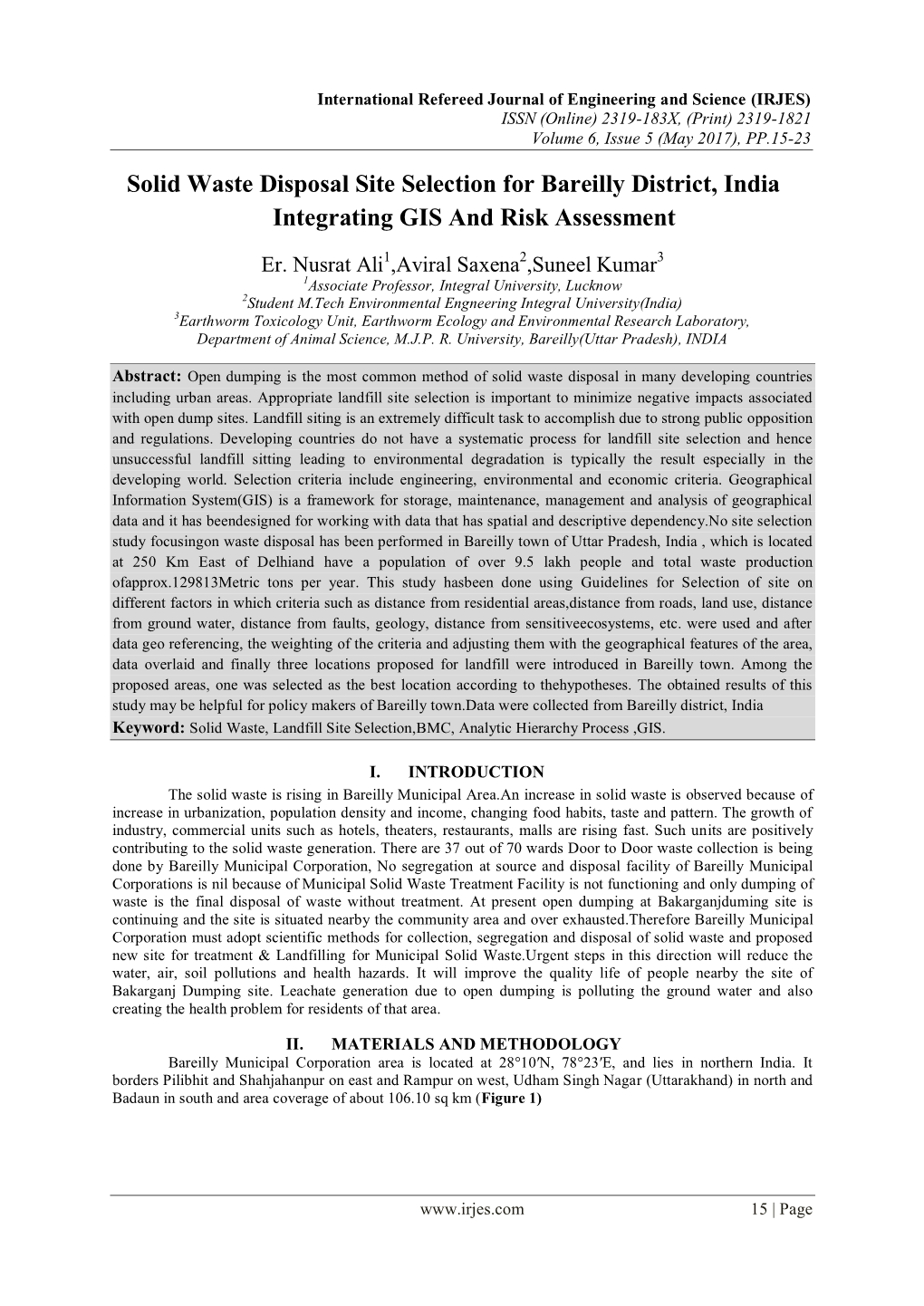 Solid Waste Disposal Site Selection for Bareilly District, India Integrating GIS and Risk Assessment