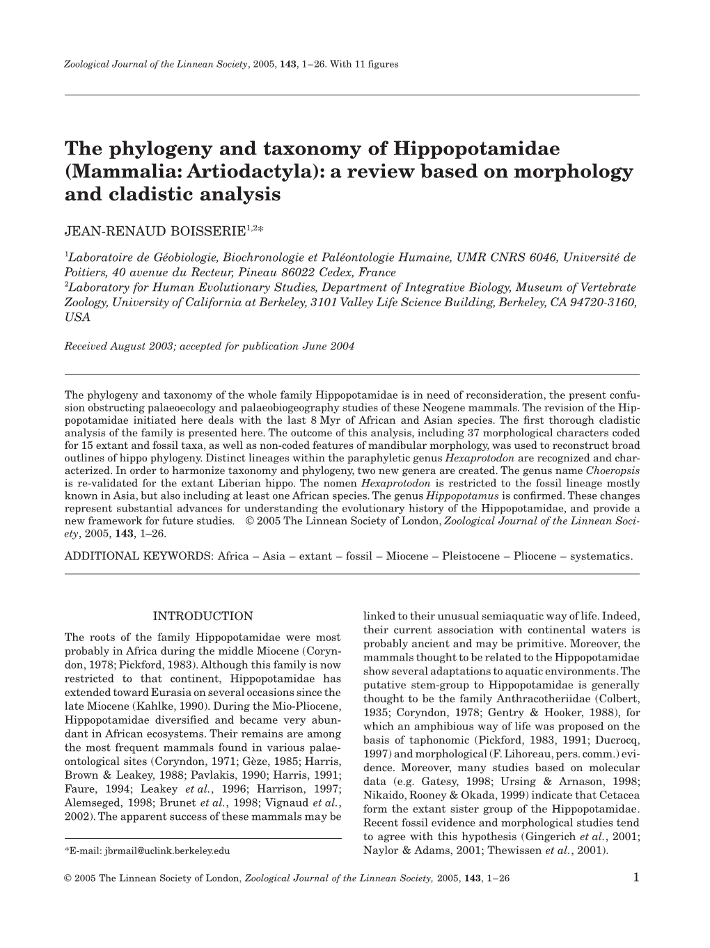 The Phylogeny and Taxonomy of Hippopotamidae (Mammalia: Artiodactyla): a Review Based on Morphology and Cladistic Analysis