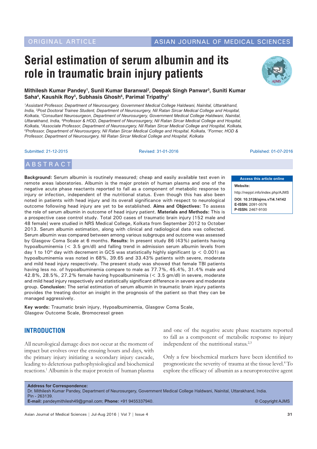 Serial Estimation of Serum Albumin and Its Role in Traumatic Brain Injury Patients