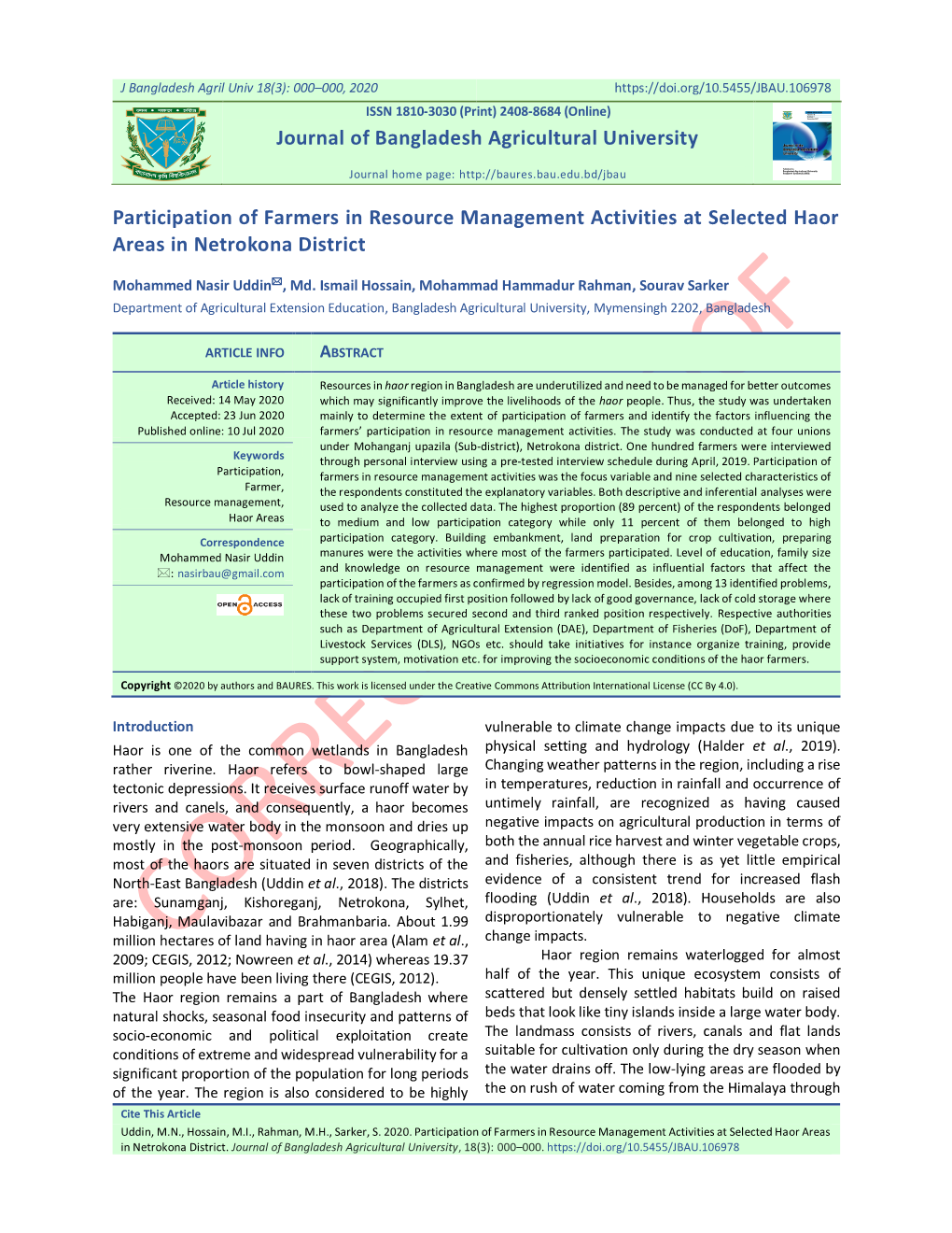 Journal of Bangladesh Agricultural University Participation of Farmers