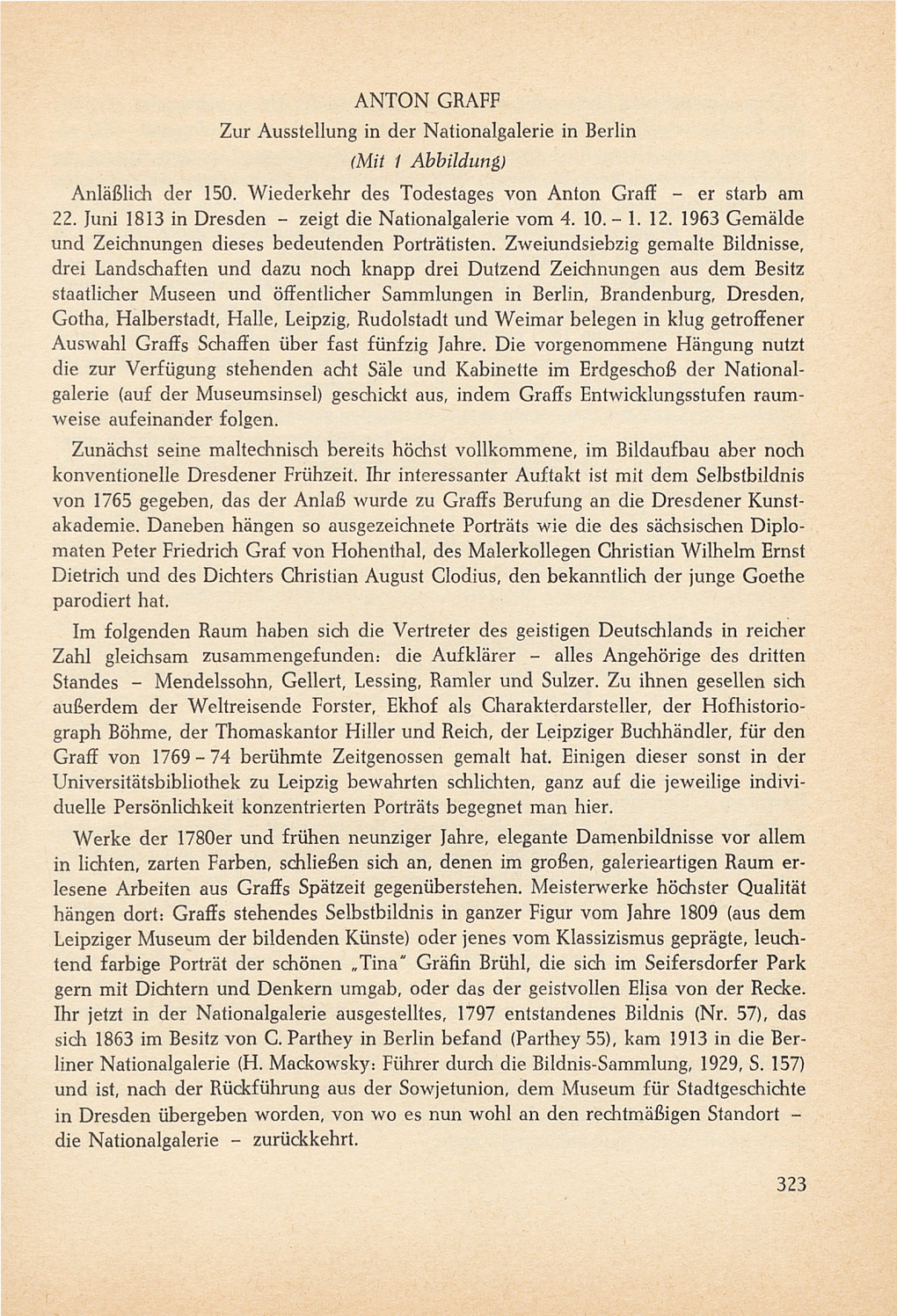 ANTON GRAFF Zur Ausstellung in Der Nationalgalerie in Berlin (Mit 1 Abbildung) Anläßlich Der 150