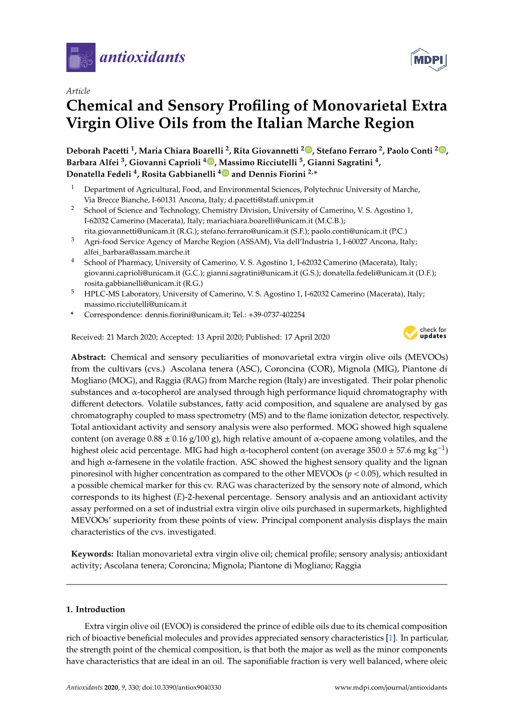 Chemical and Sensory Profiling of Monovarietal Extra Virgin Olive Oils from the Italian Marche Region