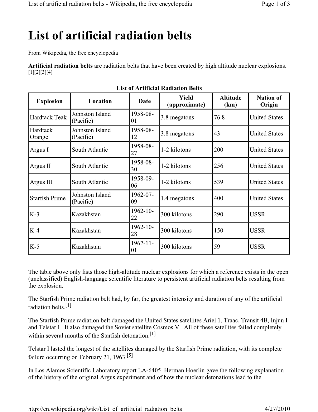 26E 1958 List of Artificial Radiation Belts