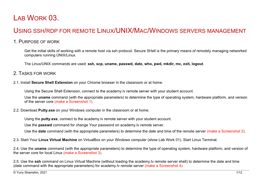 Lab Work 03. Using Ssh/Rdp for Remote Linux/UNIX/Mac/Windows Servers