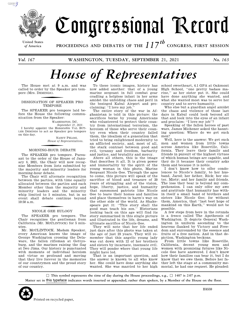 Congressional Record United States Th of America PROCEEDINGS and DEBATES of the 117 CONGRESS, FIRST SESSION