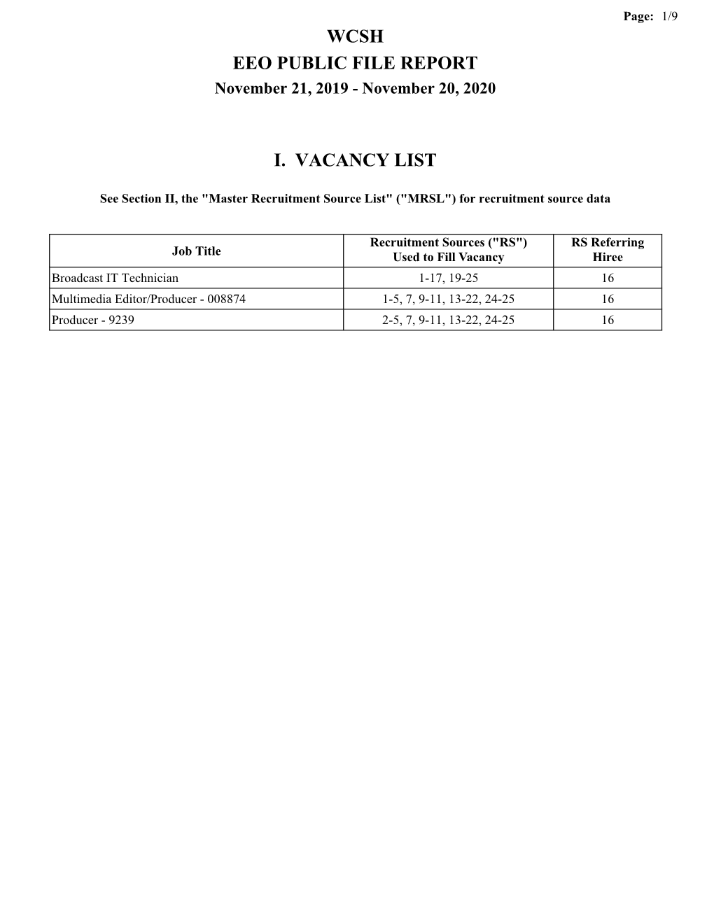 WCSH EEO PUBLIC FILE REPORT November 21, 2019 - November 20, 2020