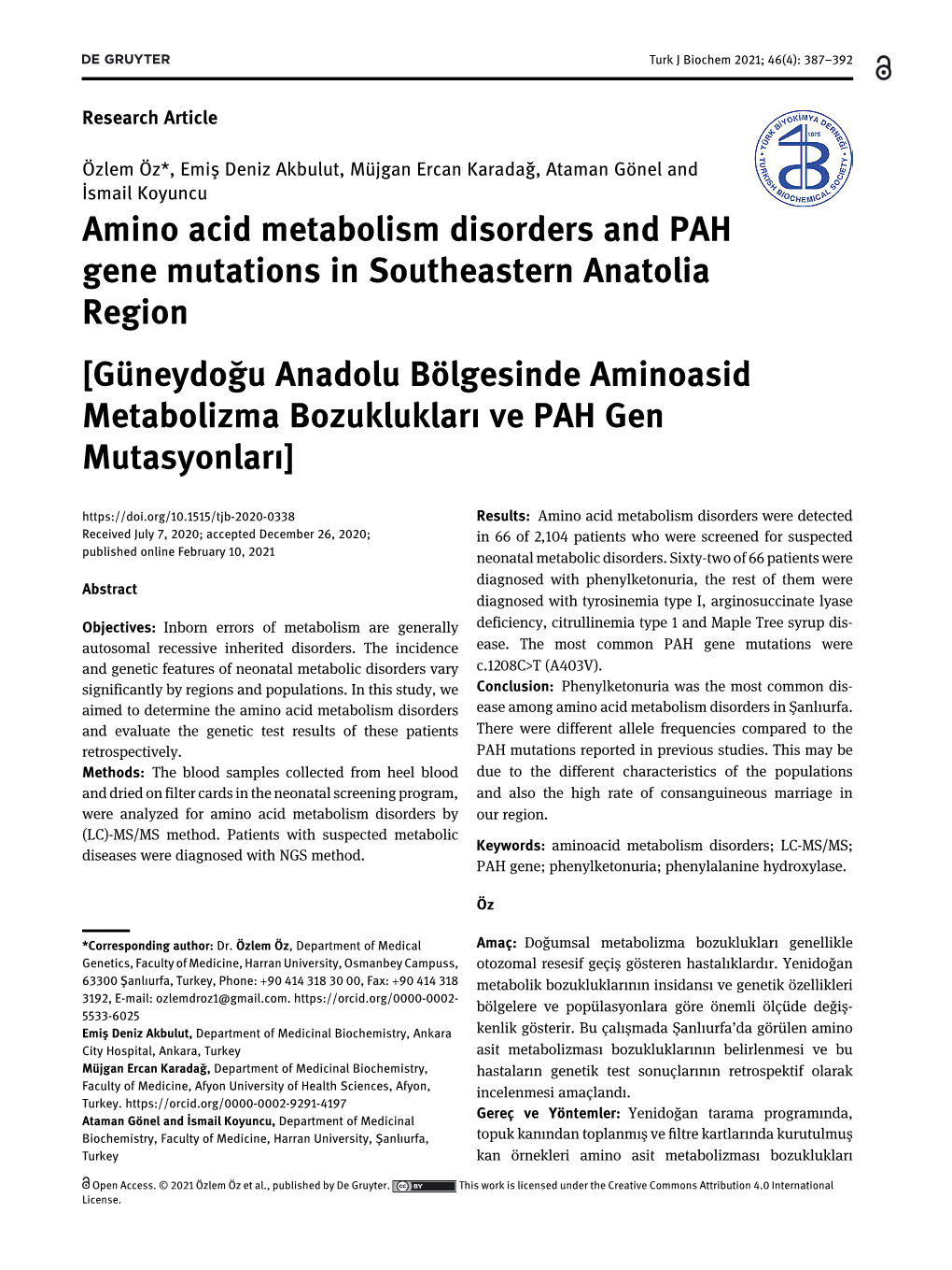 Amino Acid Metabolism Disorders and PAH Gene Mutations In