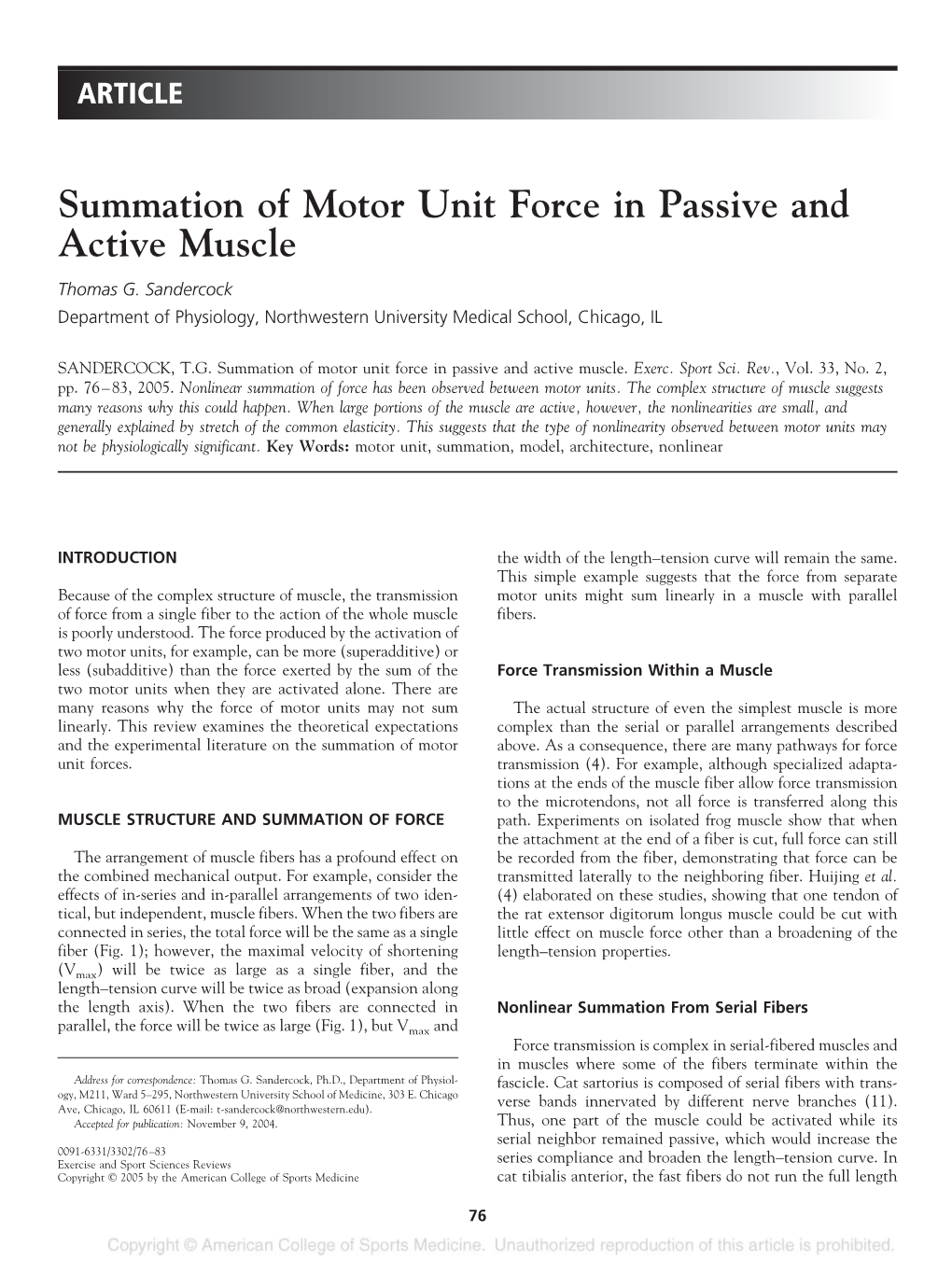 Summation of Motor Unit Force in Passive and Active Muscle Thomas G