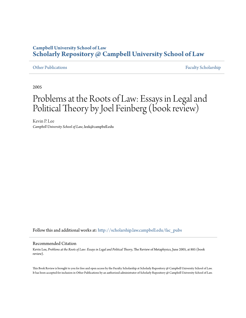 Essays in Legal and Political Theory by Joel Feinberg (Book Review) Kevin P