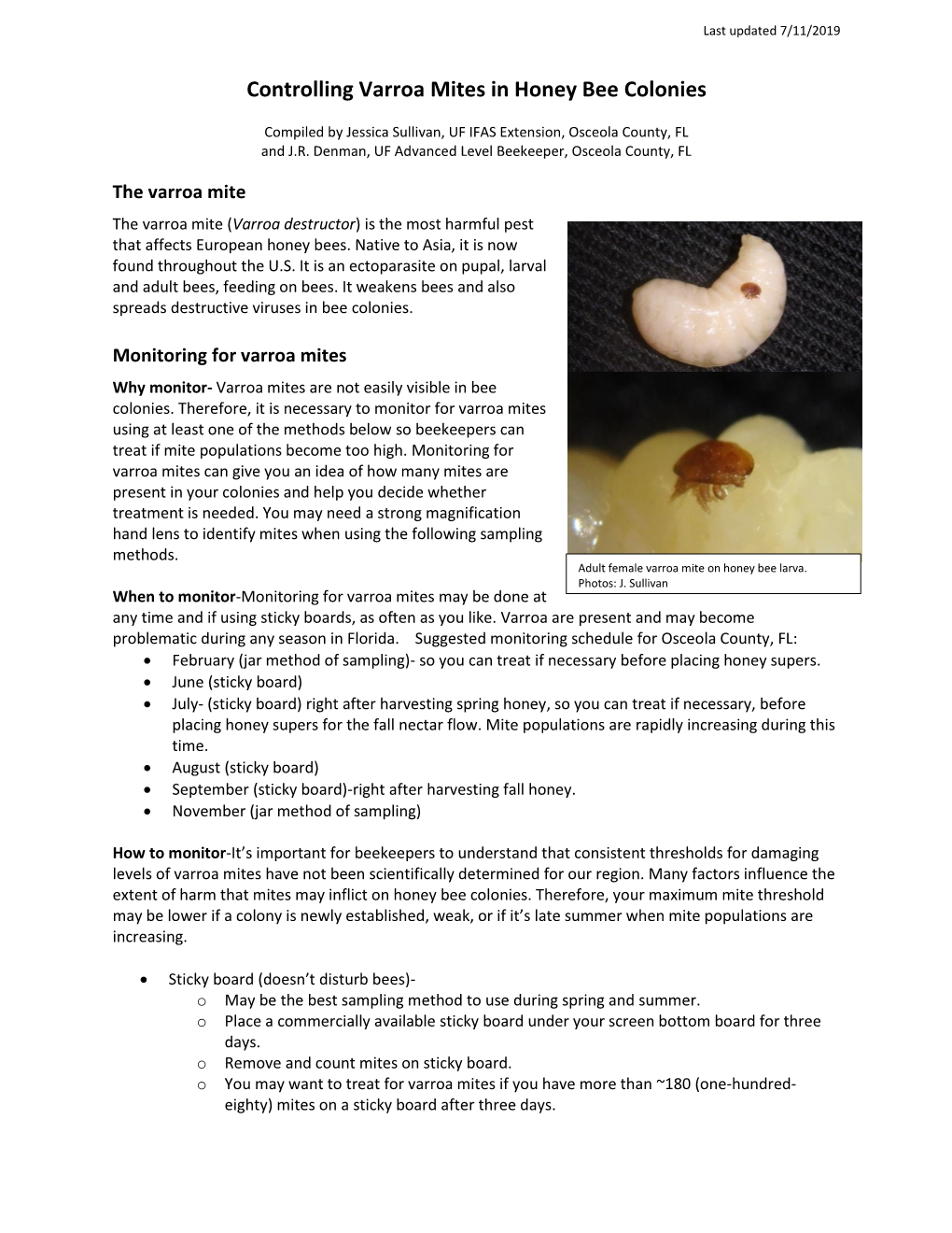 Controlling Varroa Mites in Honey Bee Colonies