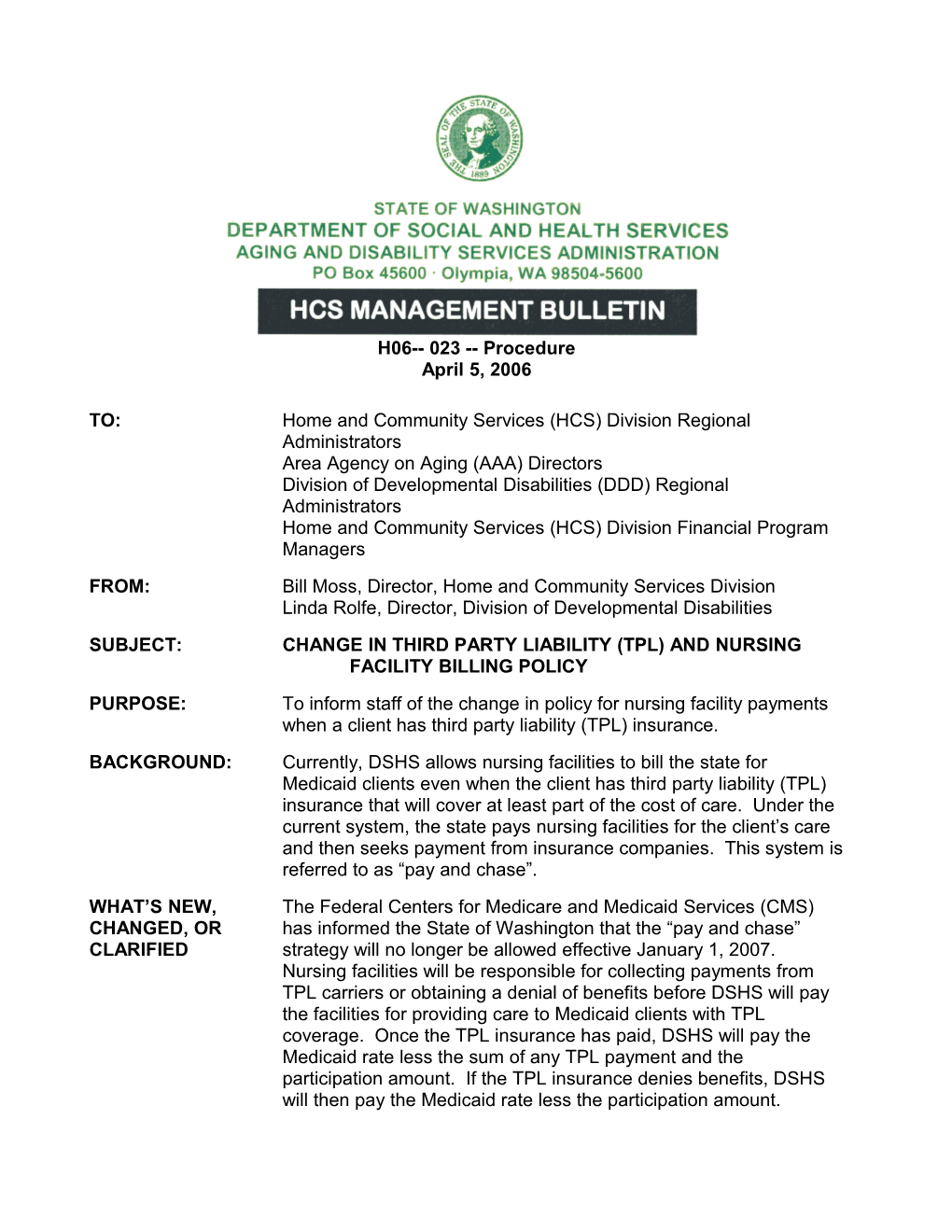 Change in Third Party Liability (Tpl) and Nursing Facility Billing Policy