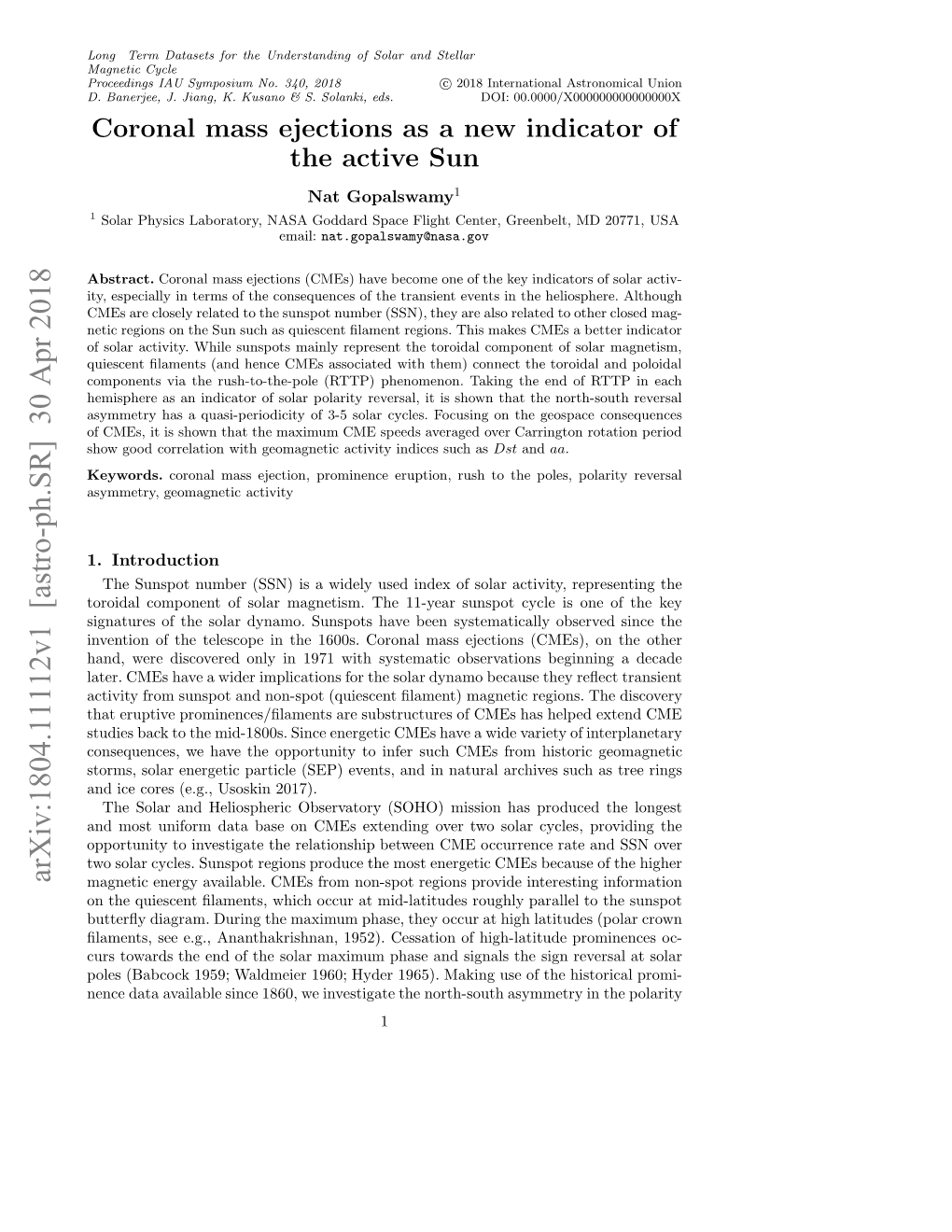 Arxiv:1804.11112V1 [Astro-Ph.SR] 30 Apr 2018 Ec Aaaalbesne16,W Netgt H Ot-Ot As T North-South Sign the of Investigate the Use We Signals Making 1860, and Since 1965)