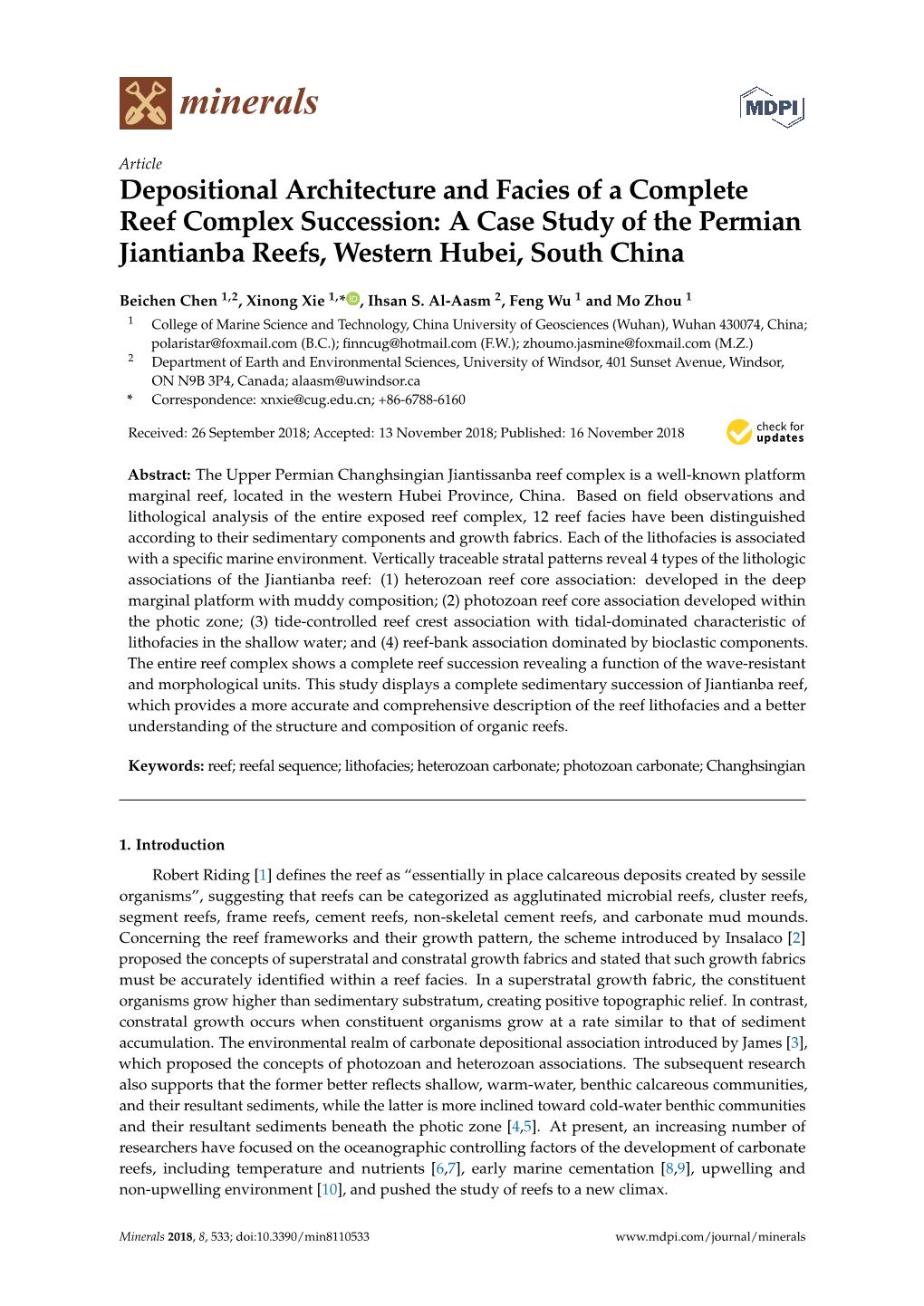 Depositional Architecture and Facies of a Complete Reef Complex Succession: a Case Study of the Permian Jiantianba Reefs, Western Hubei, South China