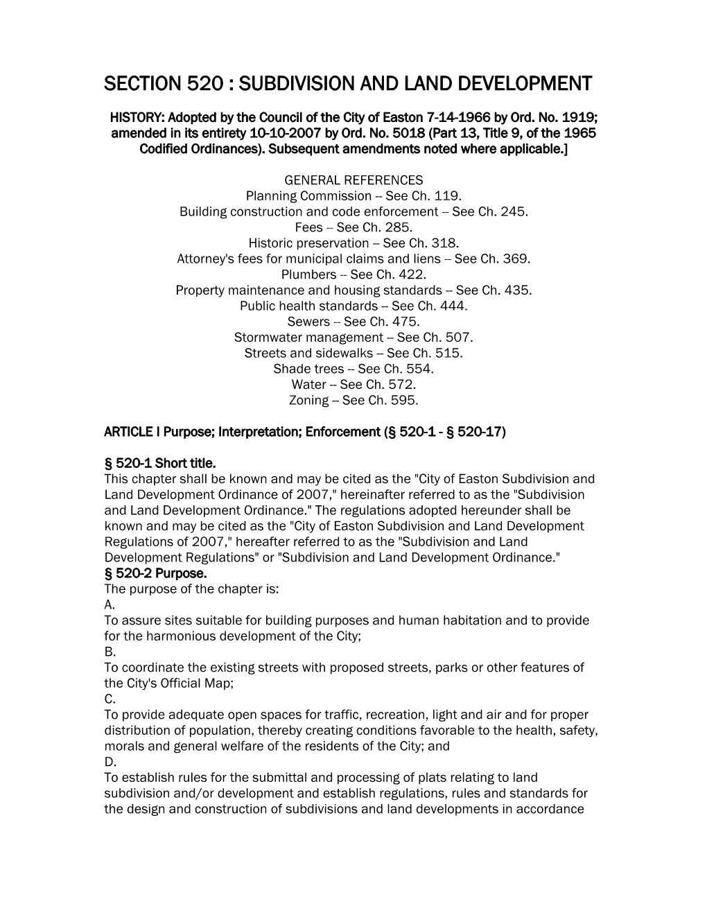 City Ordinance, Chapter 520 Subdivision & Land Development