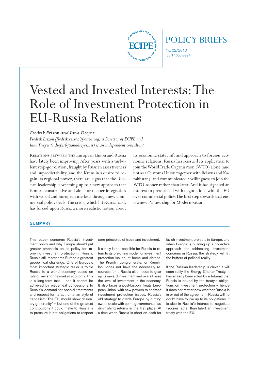 The Role of Investment Protection in EU-Russia Relations