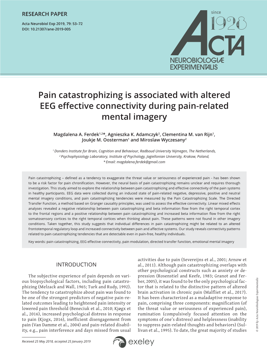 Pain Catastrophizing Is Associated with Altered EEG Effective Connectivity During Pain‑Related Mental Imagery