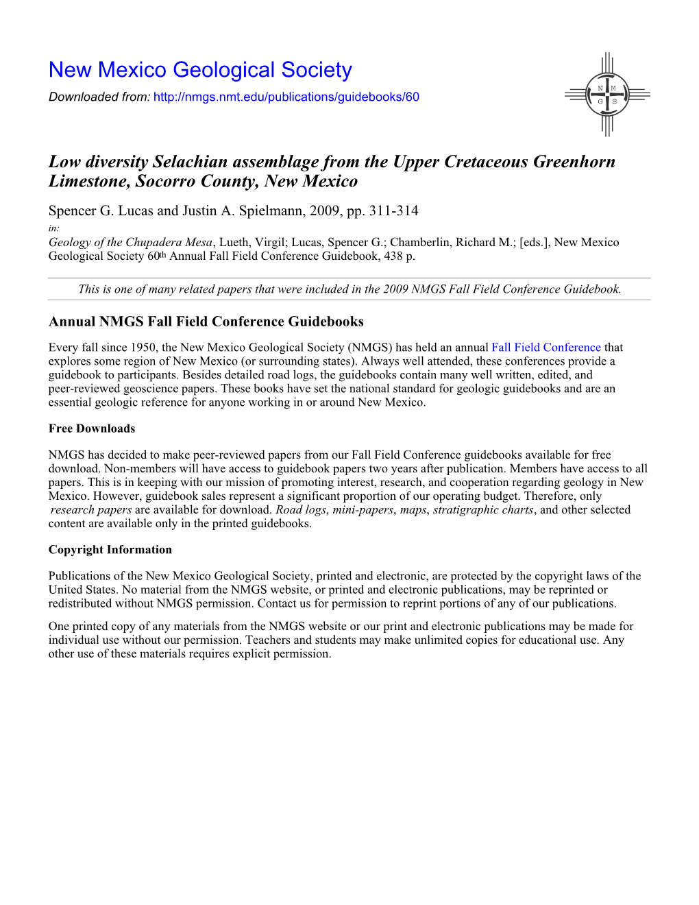 Low Diversity Selachian Assemblage from the Upper Cretaceous Greenhorn Limestone, Socorro County, New Mexico Spencer G