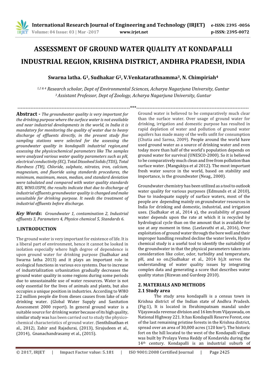 Assessment of Ground Water Quality at Kondapalli Industrial Region, Krishna District, Andhra Pradesh, India