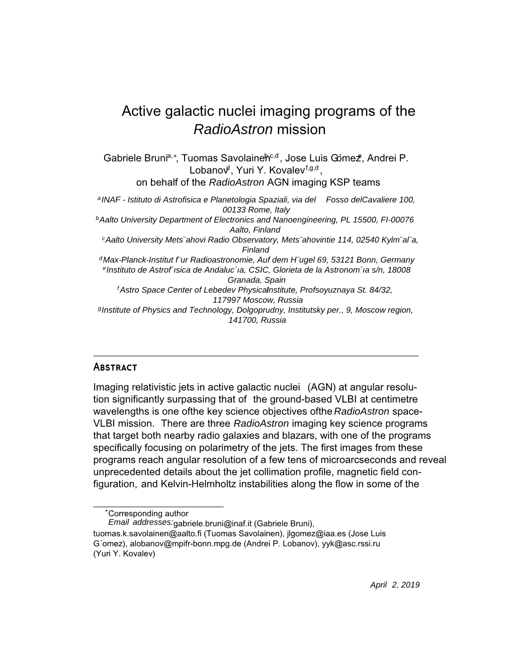 Active Galactic Nuclei Imaging Programs of the Radioastron Mission