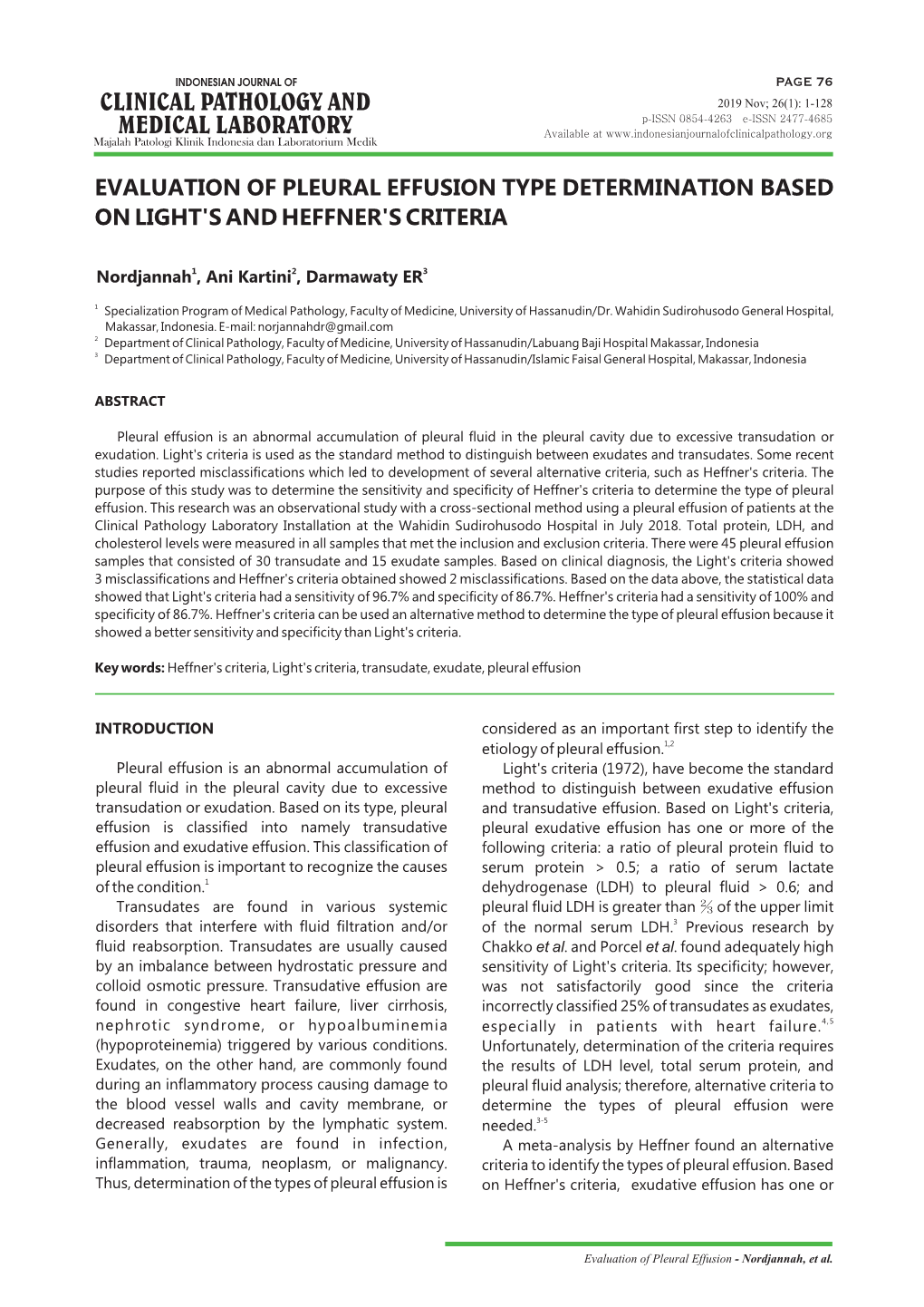 Evaluation of Pleural Effusion Type Determination Based on Light's and Heffner's Criteria