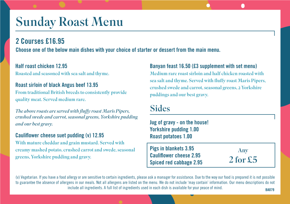 Sunday Roast Menu