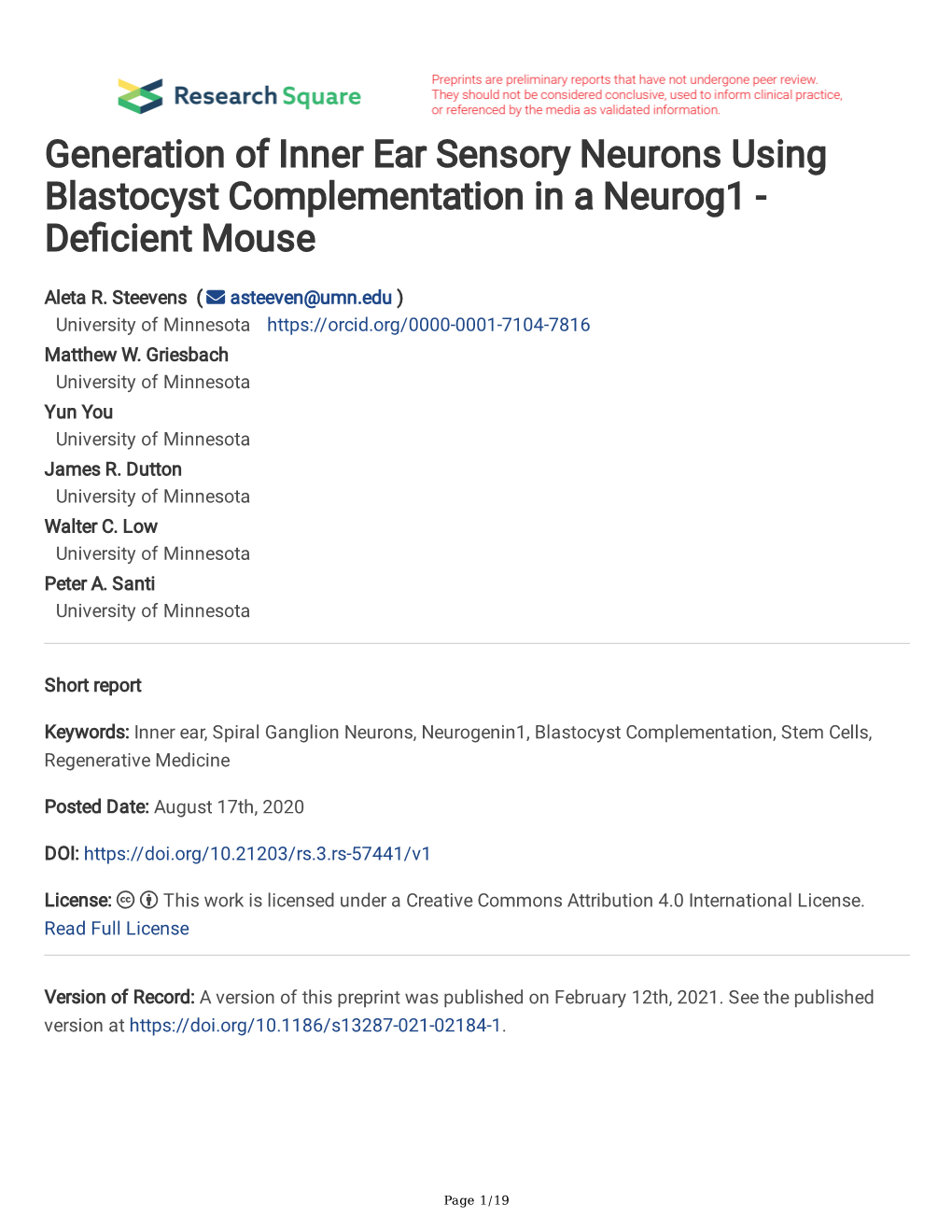 Generation of Inner Ear Sensory Neurons Using Blastocyst Complementation in a Neurog1 - Defcient Mouse