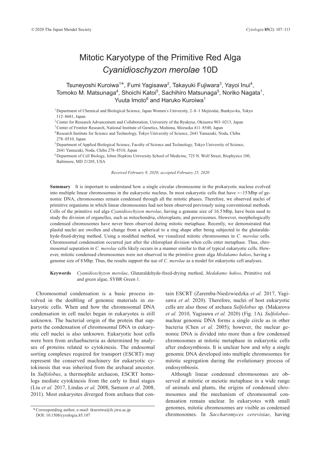 Mitotic Karyotype of the Primitive Red Alga Cyanidioschyzon Merolae 10D