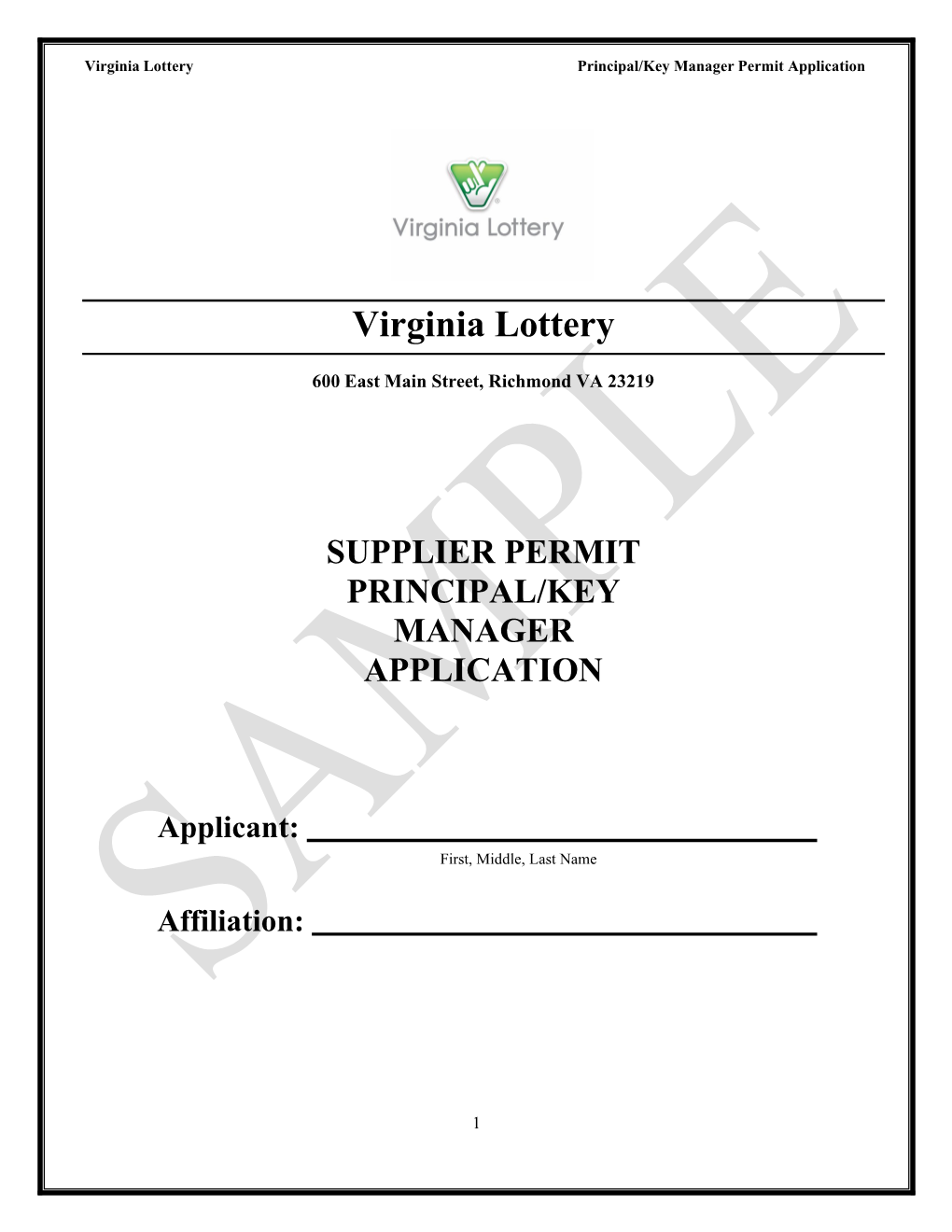 Virginia Lottery Principal/Key Manager Permit Application