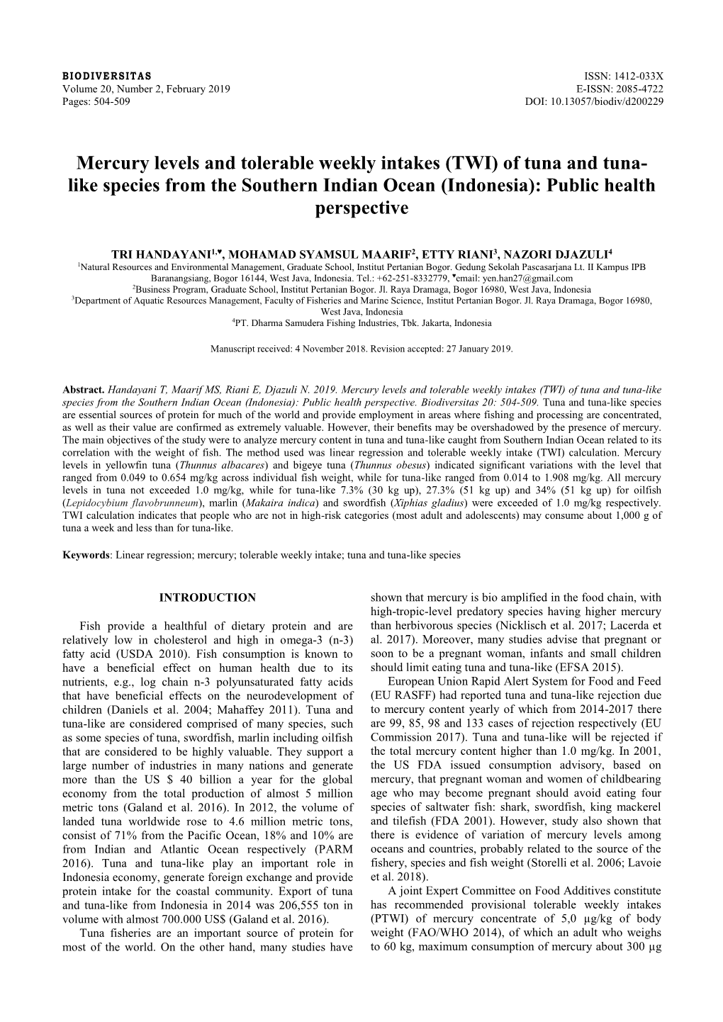 Mercury Levels and Tolerable Weekly Intakes (TWI) of Tuna and Tuna- Like Species from the Southern Indian Ocean (Indonesia): Public Health Perspective