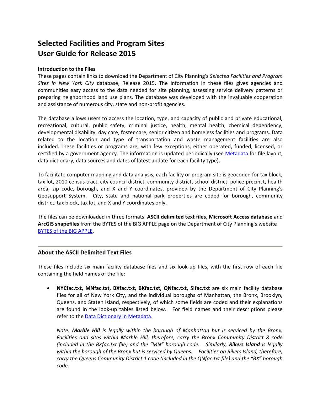 Selected Facilities and Program Sites User Guide for Release 2015