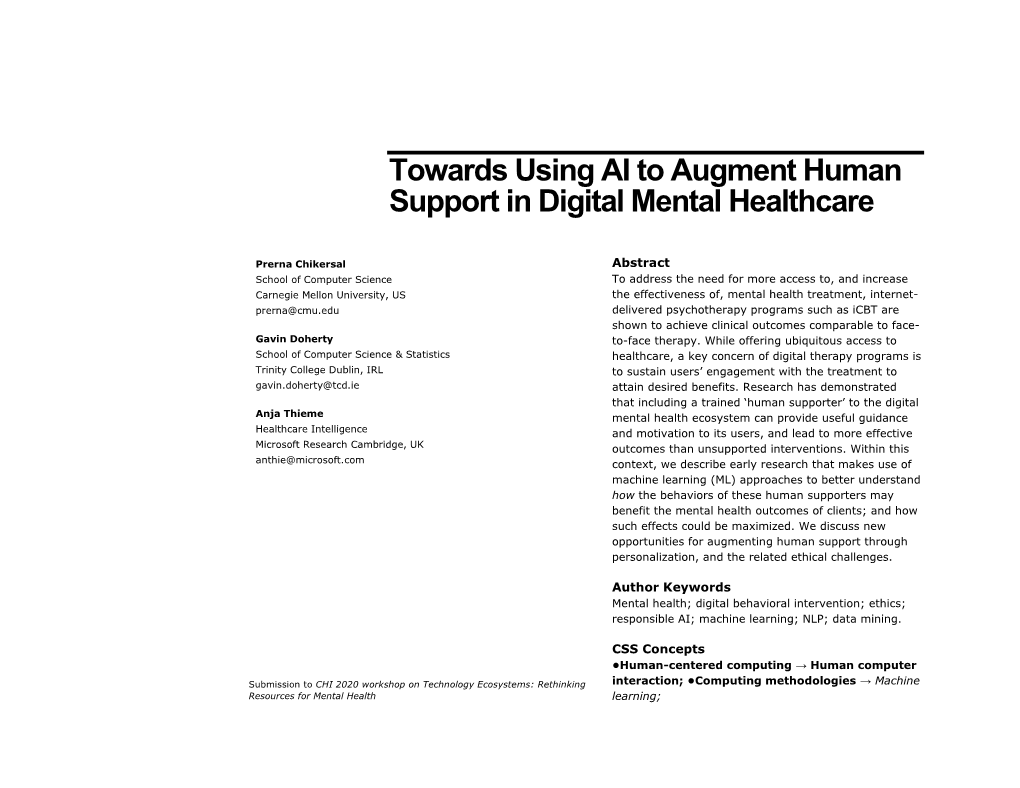 Towards Using AI to Augment Human Support in Digital Mental Healthcare