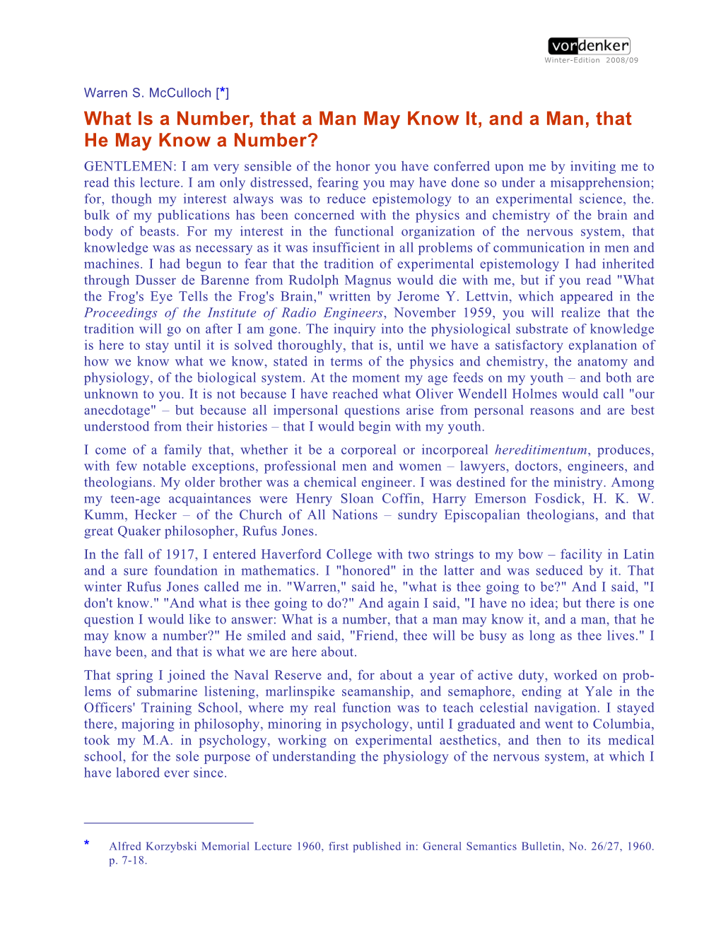 Warren S. Mcculloch: What Is a Number, That a Man May Know It, and a Man, That He May Know a Number?, In: (Winter-Edition 2008/09), J