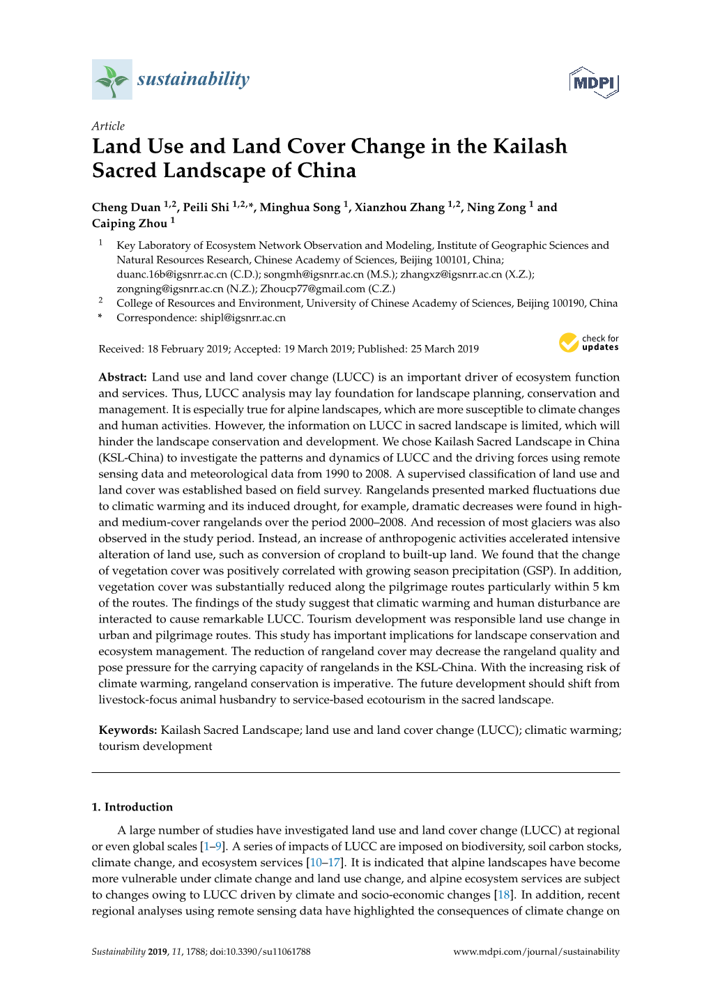 Land Use and Land Cover Change in the Kailash Sacred Landscape of China