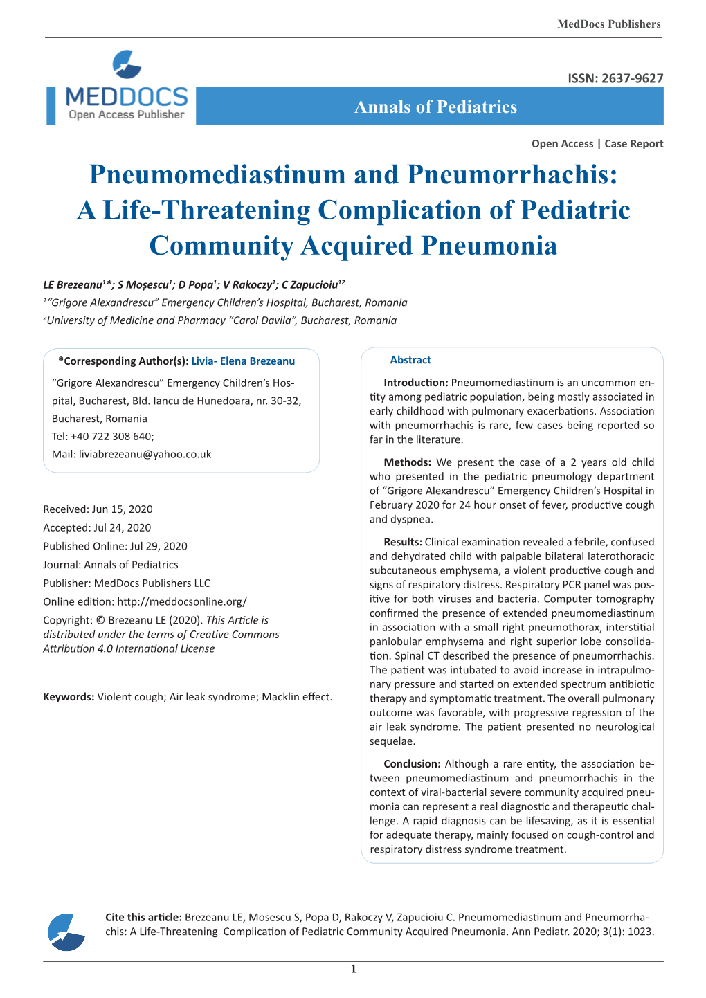Pneumomediastinum and Pneumorrhachis: a Life-Threatening Complication of Pediatric Community Acquired Pneumonia
