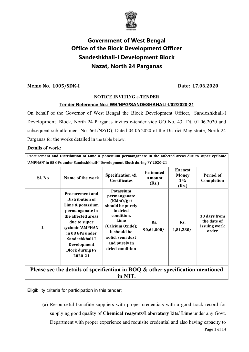 Government of West Bengal Office of the Block Development Officer Sandeshkhali-I Development Block Nazat, North 24 Parganas Plea