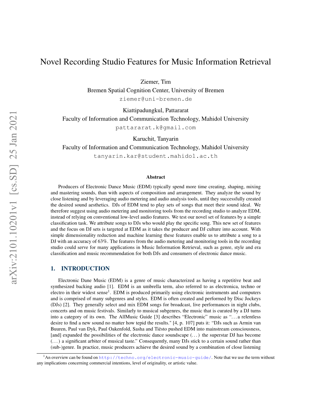 Novel Recording Studio Features for Music Information Retrieval