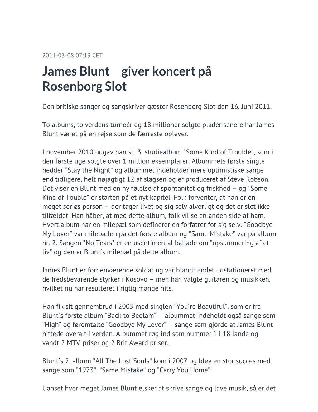 James Blunt Giver Koncert På Rosenborg Slot