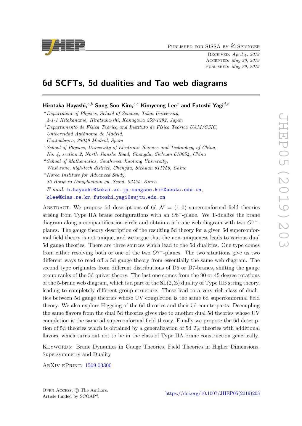 JHEP05(2019)203 - − 7 O Springer April 4, 2019 May 20, 2019 May 29, 2019 : : : D,E Received Accepted Published Theories with Additional , N T -Plane