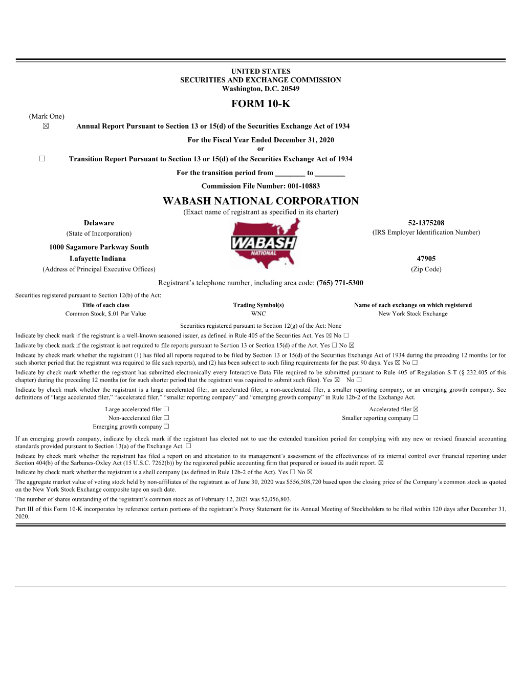 Form 10-K Wabash National Corporation