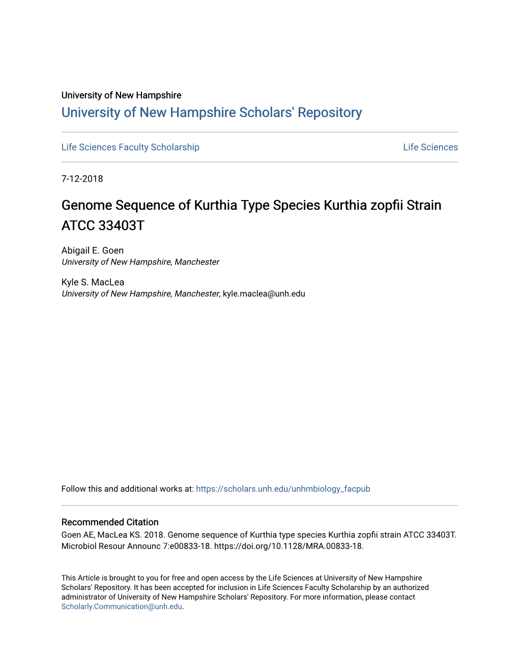 Genome Sequence of Kurthia Type Species Kurthia Zopfii Strain ATCC 33403T