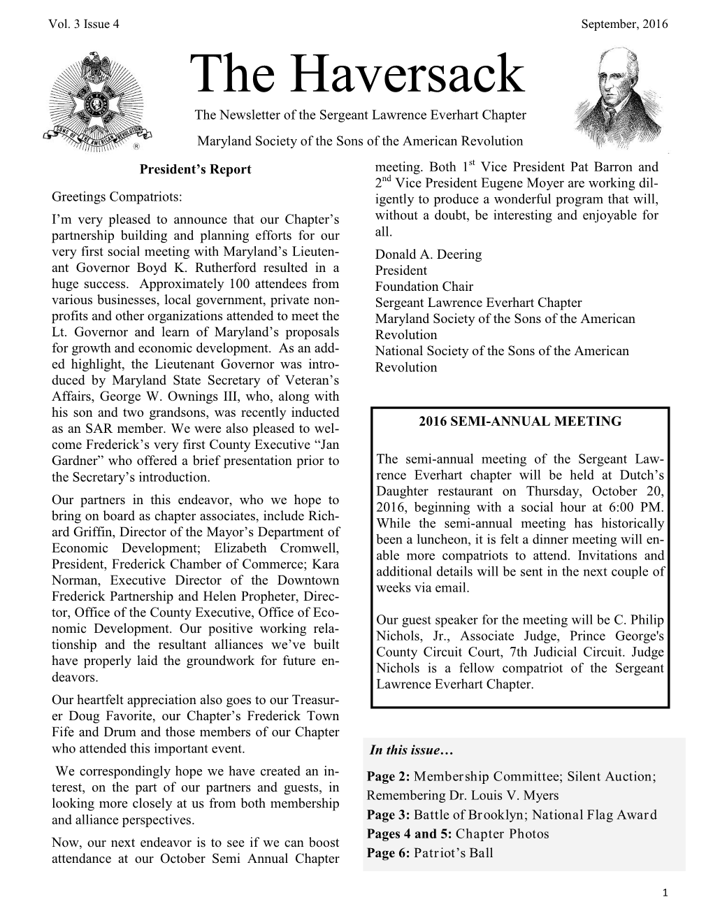The Haversack the Newsletter of the Sergeant Lawrence Everhart Chapter Maryland Society of the Sons of the American Revolution