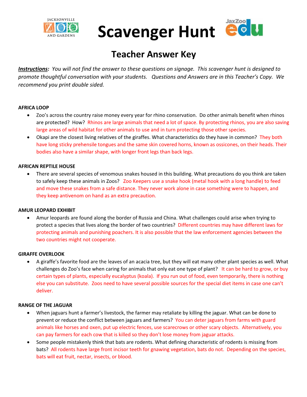 Scavenger Hunt Teacher Answer Key