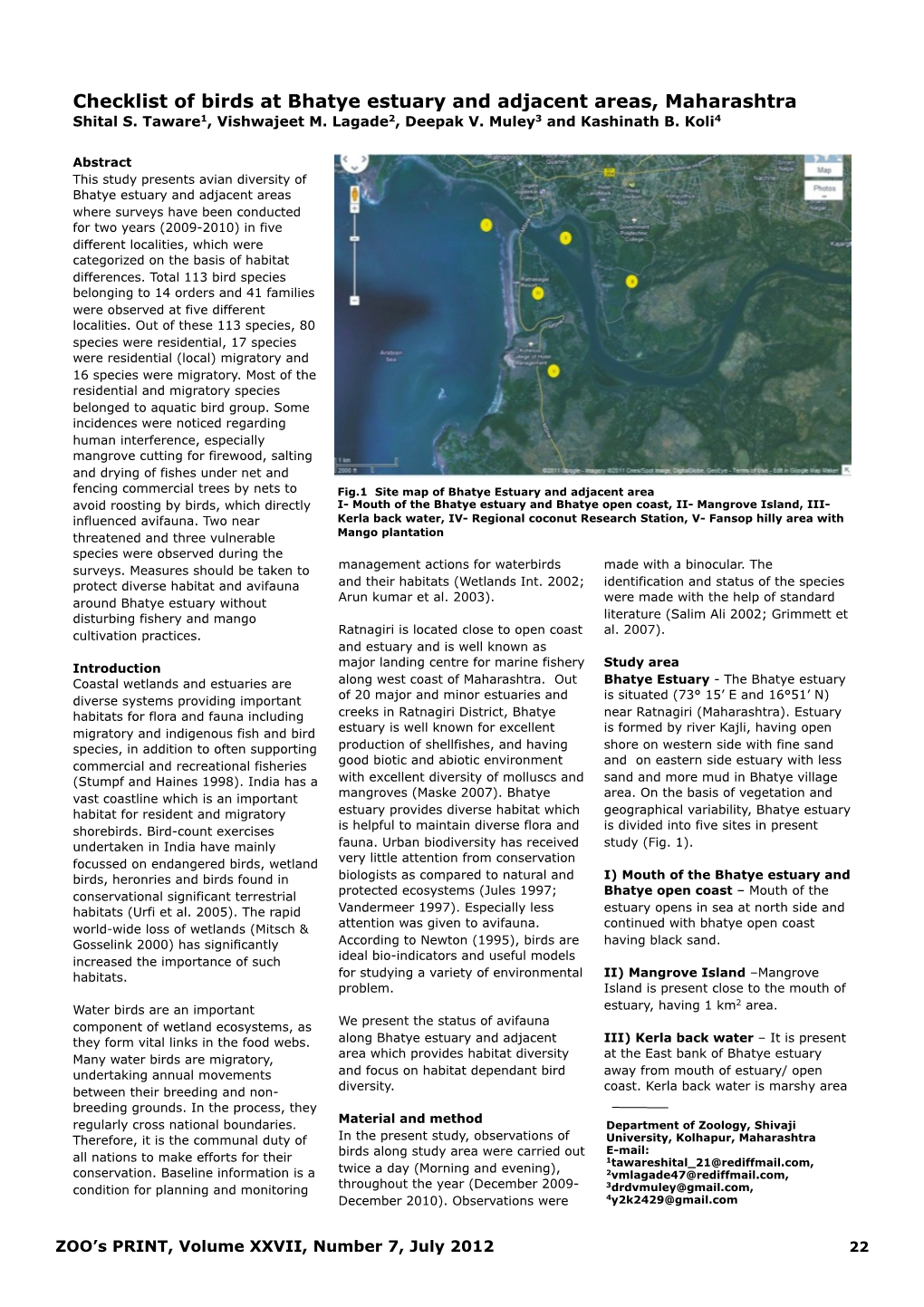 Checklist of Birds at Bhatye Estuary and Adjacent Areas, Maharashtra Shital S