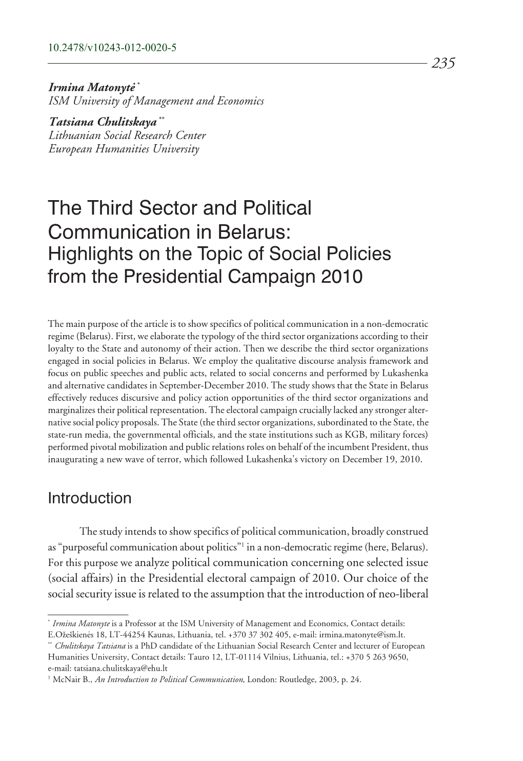 The Third Sector and Political Communication in Belarus: Highlights on the Topic of Social Policies from the Presidential Campaign 2010