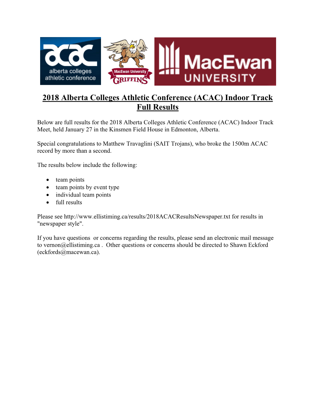 2018 Alberta Colleges Athletic Conference (ACAC) Indoor Track Full Results