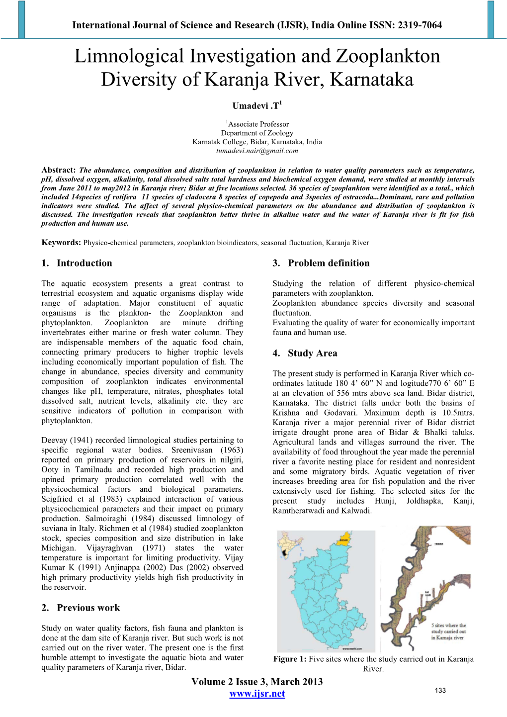 Limnological Investigation and Zooplankton Diversity of Karanja River, Karnataka