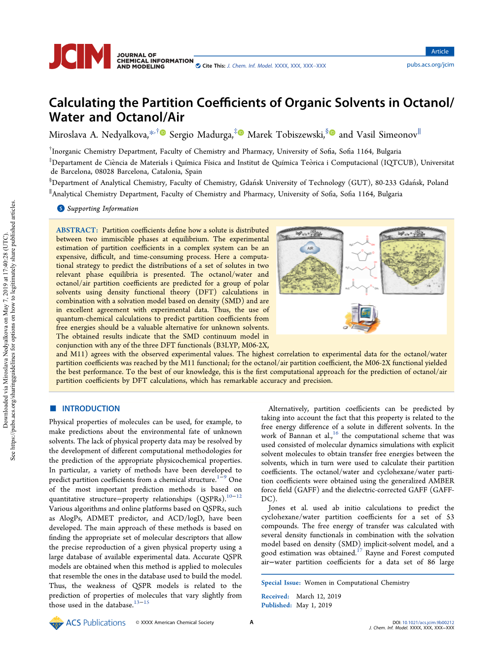 Calculating the Partition Coefficients of Organic Solvents in Octanol/Water and Octanol/Air