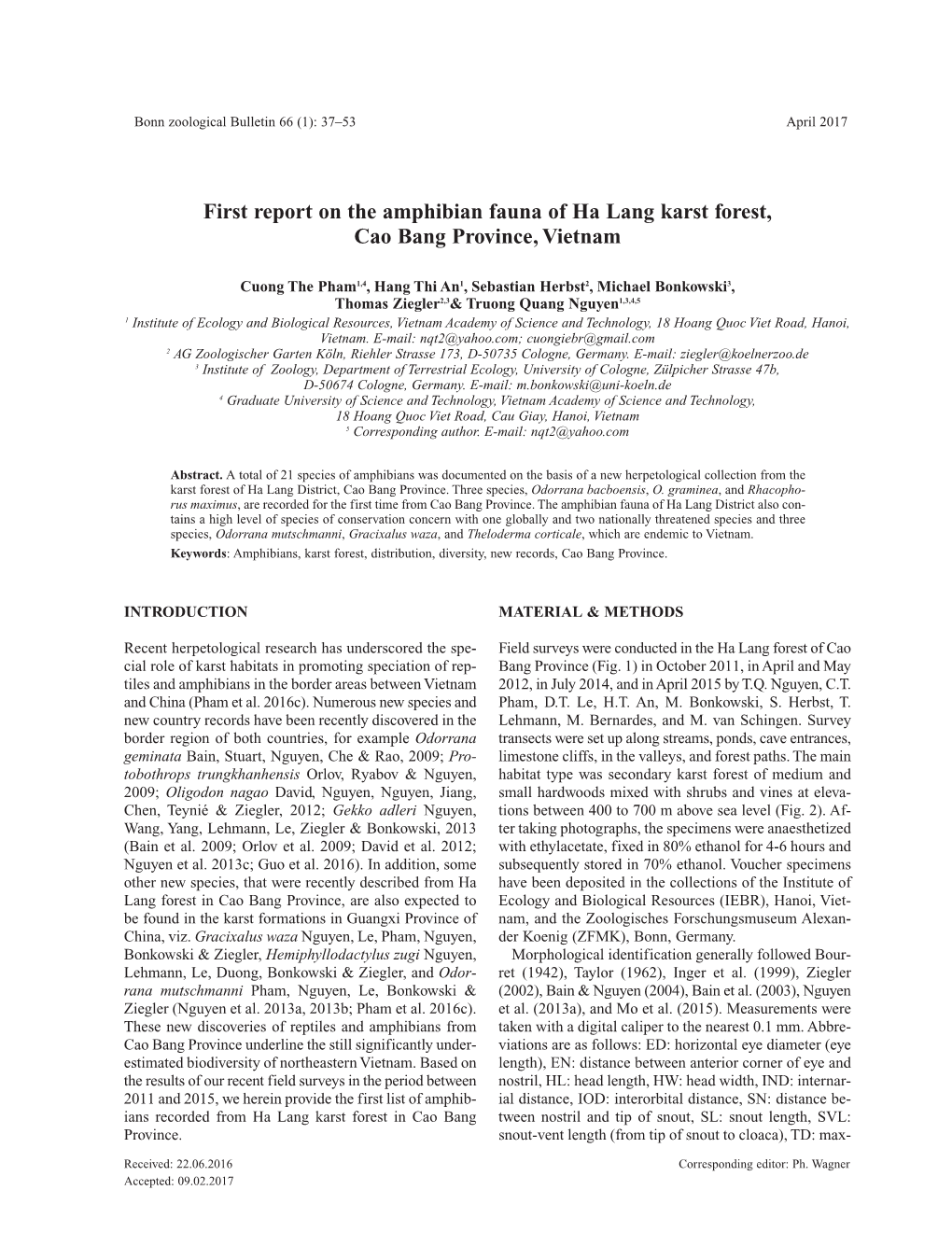 First Report on the Amphibian Fauna of Ha Lang Karst Forest, Cao Bang Province, Vietnam