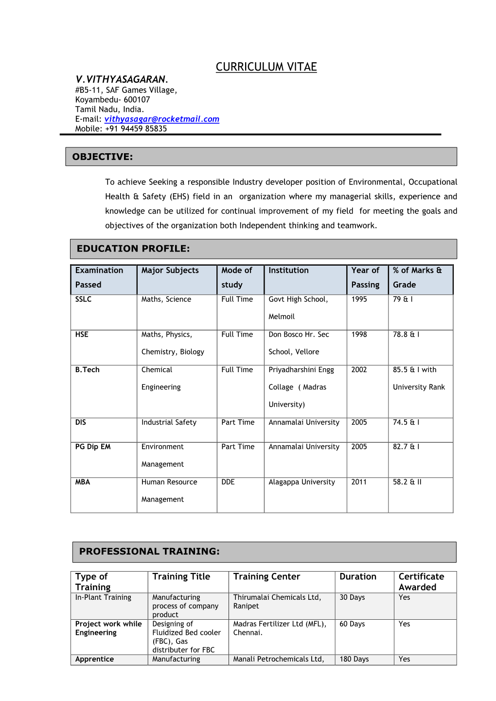 Curriculum Vitae V.Vithyasagaran