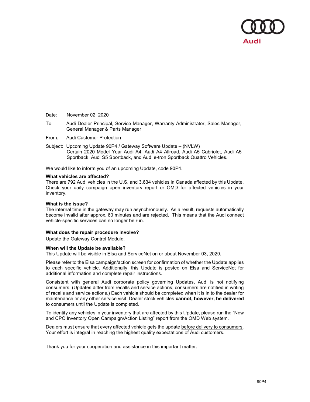 Date: November 02, 2020 To: Audi Dealer Principal, Service Manager